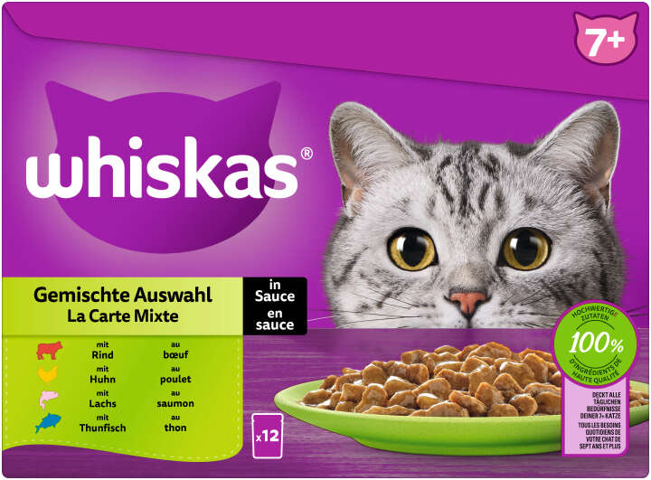 whiskas Katzen-Nassfutter Portionsbeutel Multipack 7+ Gemischte Auswahl in Sauce 12 x 85g